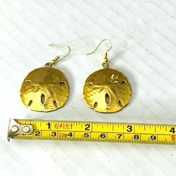 Sand Dollar Earrings Gold Tone Fishhook Drop Dangle Beautiful Satiny Look VTG - Picture 4 of 5